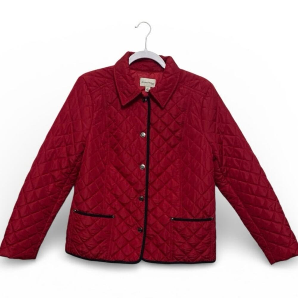 Studio Works Womens Quilted Coat Petite Large Red Black Lined Button Up Jacket